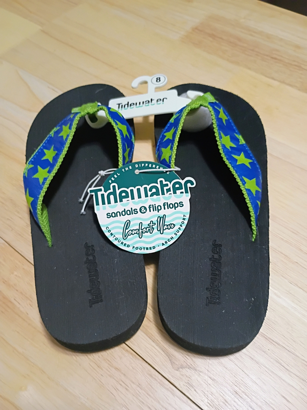 Tidewater Women's Black Flip Flop Sandals with Blue & Green Star Straps